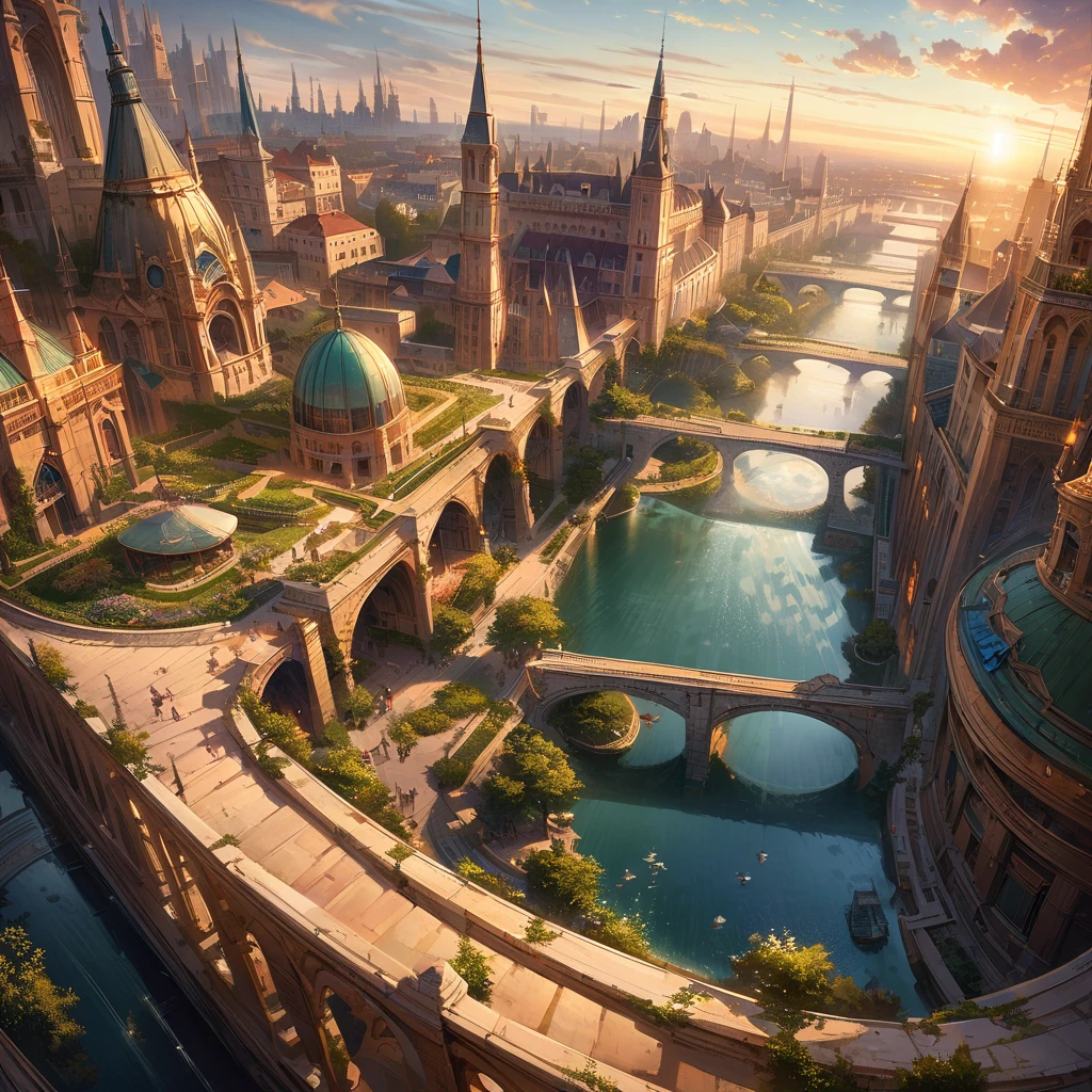 (best quality,4k,highres,masterpiece:1.2),ultra-detailed,(realistic,photorealistic,photo-realistic:1.37),fantastical floating city in the sky,ethereal atmosphere,dreamy clouds floating around the city,majestic golden sunlight shining through the clouds,impressive city structures with intricate architectural details,towering spires and ornate rooftops,picturesque bridges and walkways connecting different parts of the city,lush green gardens and vibrant flowers scattered throughout,cheerful inhabitants enjoying the magical scenery and going about their daily lives,soft colors and pastel tones, creating a whimsical and enchanting ambiance,illuminated by a soft warm glow from the city lights,creating a magical and captivating atmosphere from dawn till dusk, roman architecture