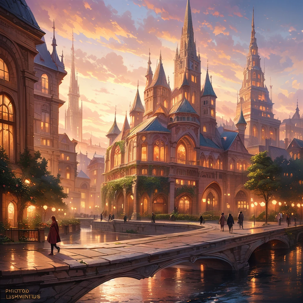 (best quality,4k,highres,masterpiece:1.2),ultra-detailed,(realistic,photorealistic,photo-realistic:1.37),fantastical floating city in the sky,ethereal atmosphere,dreamy clouds floating around the city,majestic golden sunlight shining through the clouds,impressive city structures with intricate architectural details,towering spires and ornate rooftops,picturesque bridges and walkways connecting different parts of the city,lush green gardens and vibrant flowers scattered throughout,cheerful inhabitants enjoying the magical scenery and going about their daily lives,soft colors and pastel tones, creating a whimsical and enchanting ambiance,illuminated by a soft warm glow from the city lights,creating a magical and captivating atmosphere from dawn till dusk, roman architecture