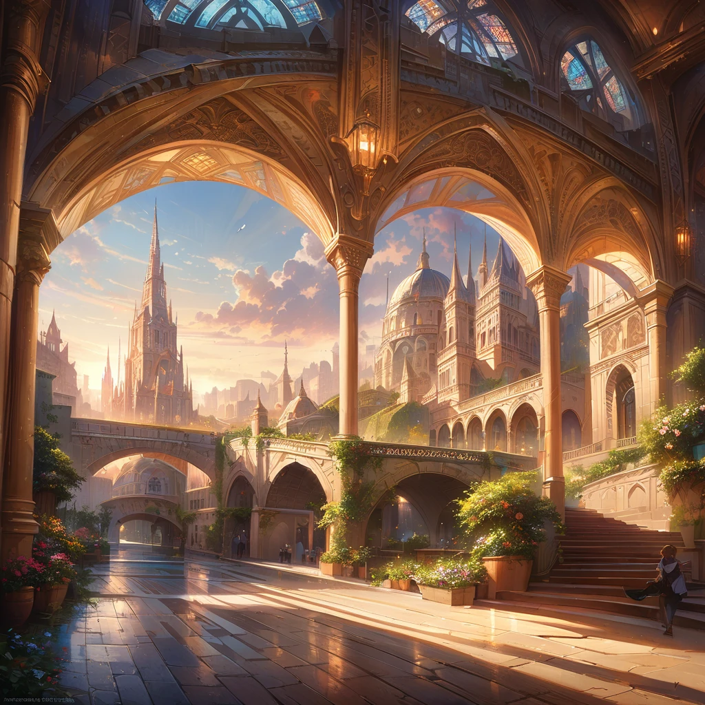 (best quality,4k,highres,masterpiece:1.2),ultra-detailed,(realistic,photorealistic,photo-realistic:1.37),fantastical floating city in the sky,ethereal atmosphere,dreamy clouds floating around the city,majestic golden sunlight shining through the clouds,impressive city structures with intricate architectural details,towering spires and ornate rooftops,picturesque bridges and walkways connecting different parts of the city,lush green gardens and vibrant flowers scattered throughout,cheerful inhabitants enjoying the magical scenery and going about their daily lives,soft colors and pastel tones, creating a whimsical and enchanting ambiance,illuminated by a soft warm glow from the city lights,creating a magical and captivating atmosphere from dawn till dusk, roman architecture