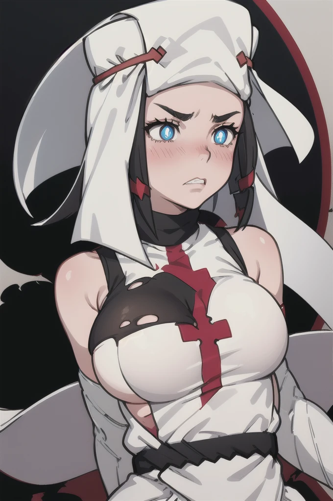 masterpiece, best quality,  ffarrow, white headwear, red and white dress, long black sleeves, black pantyhose, fingerless gloves, vambraces, large breasts, torn clothes, sleeveless, sideboob, clenched teeth, blush, furrowed brow, upper body, symbol-shaped pupils