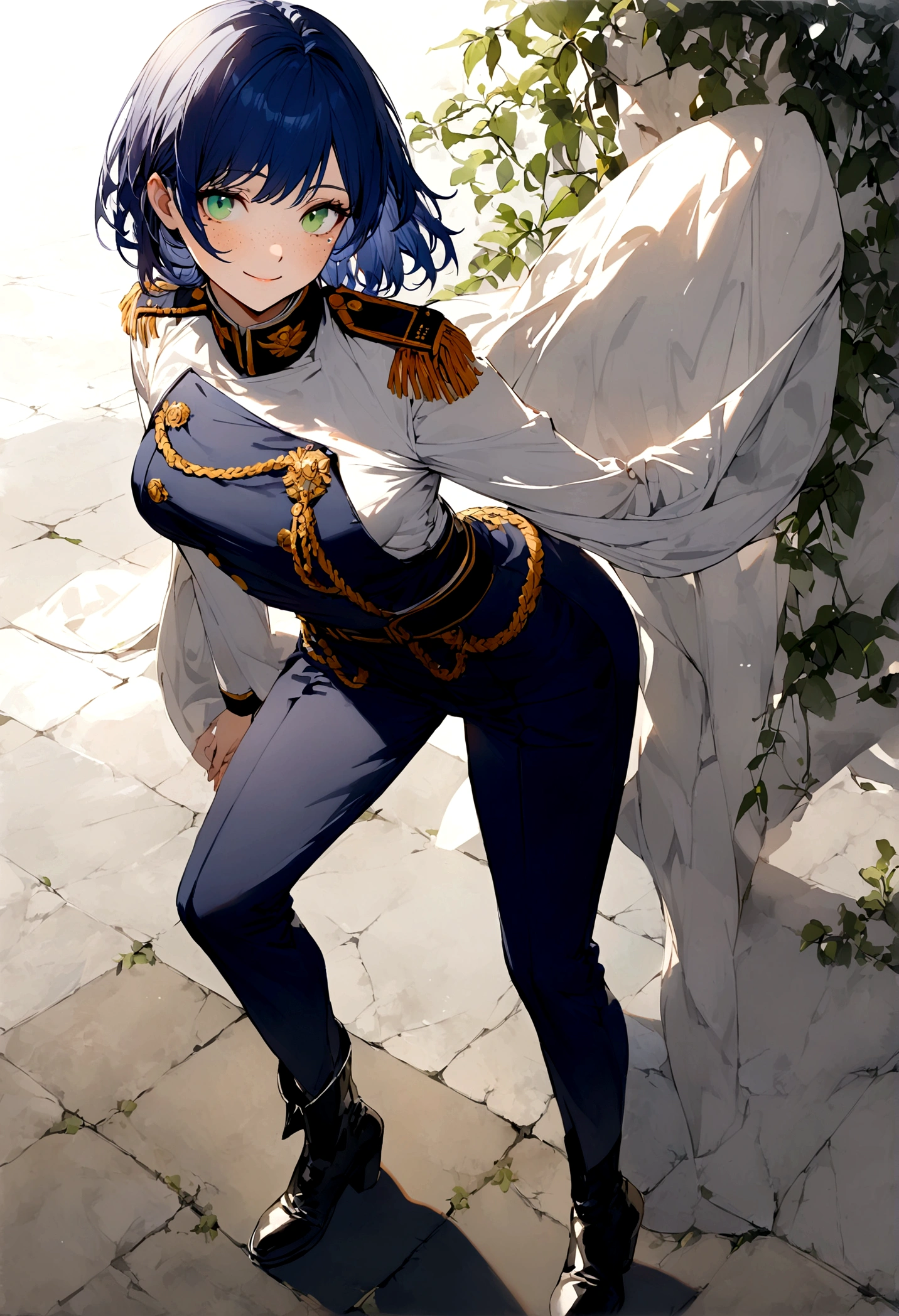 Young woman, short blue hair, bright green eyes, oval shpaed face, freckles, warm smile, military uniform, medium breast, white dhort sleeved shirt, dark blue trousers, navy uniform, black boots