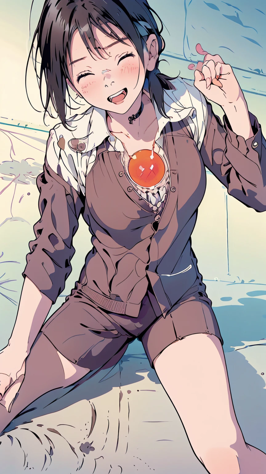 masterpiece,best quality, ultra high res,(beautiful woman:1.2),(beautiful Busty breasts:1),(happy:1.2),(enjoy:1.2), (dark hair:1), (short low ponytail:1.2), medium hair,a sexy mole around the mouth,wet lip, (burst into laughter:1.4), (squinting:1.4),(simple plain suit:1.5),(plain:1.8),(wearing round neck white shirt:1.2), Business suit, upper body shot, Office,