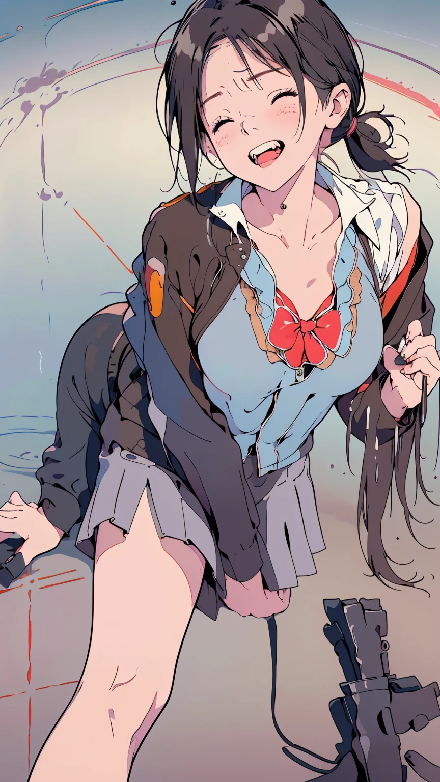 masterpiece,best quality, ultra high res,(beautiful woman:1.2),(beautiful Busty breasts:1),(happy:1.2),(enjoy:1.2), (dark hair:1), (short low ponytail:1.2), medium hair,a sexy mole around the mouth,wet lip, (burst into laughter:1.4), (squinting:1.4),(simple plain suit:1.5),(plain:1.8),(wearing round neck white shirt:1.2), Business suit, upper body shot, Office,