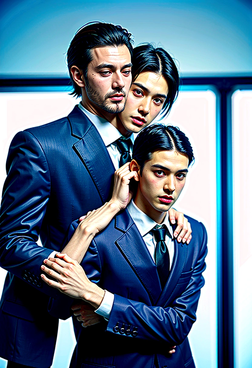 There is a man in a suit hugging another man in a suit, (SFW) Work, Male Art, Committee for high res, Gigachad muscle, Strictly abide by, Thickness, SFW version, Strictly abide by, Committee, love, Nick Silva and Ilya Kuvshinov, Dominant posture, From Overwatch, Wearing a serious suit
