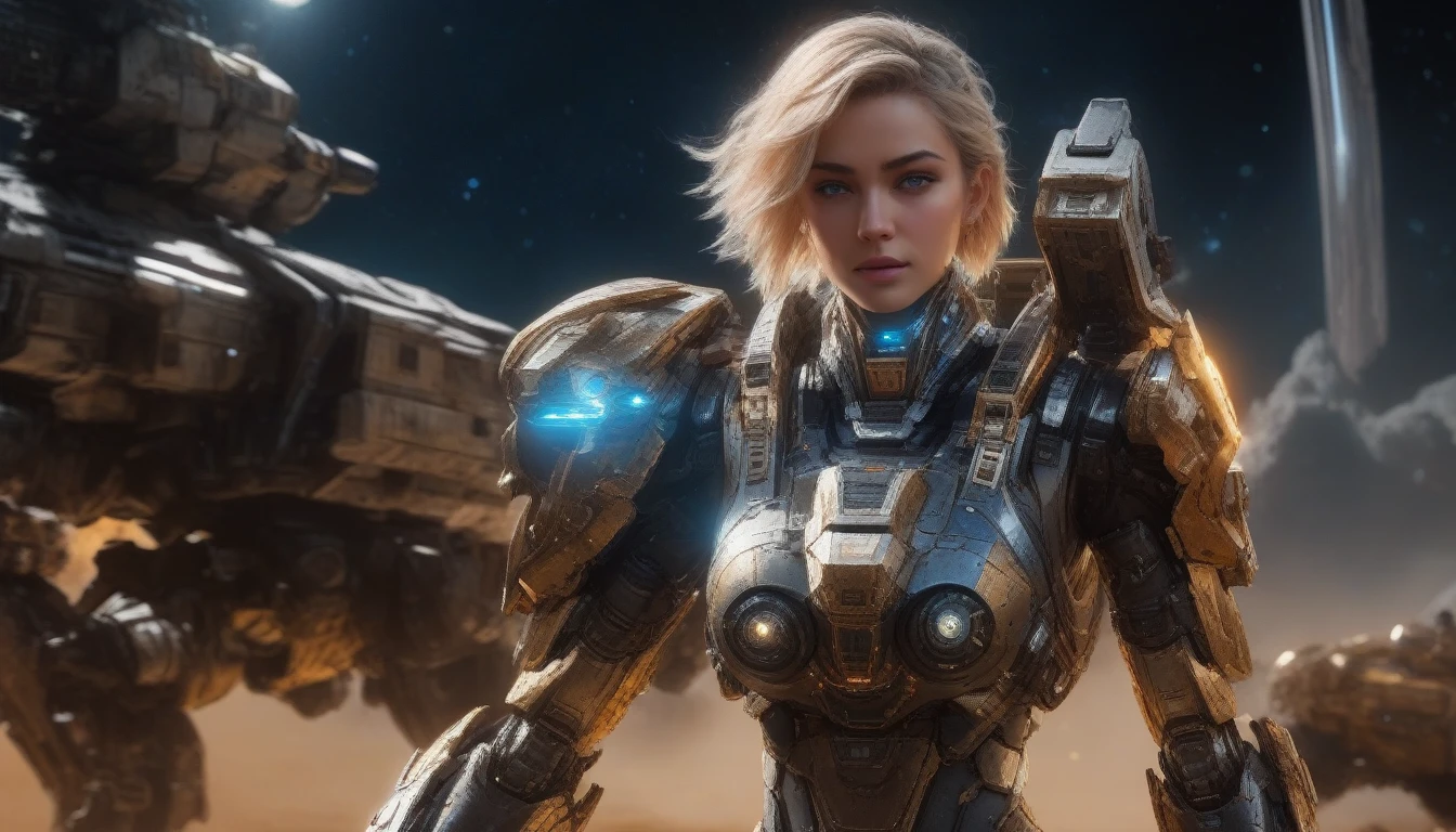 a female mech warrior in battle on a moon in space, full body shot, action shot, a tough and beautiful female mech warrior, short blond hair, dynamic eye color, intent gaze, ultra detailed face, best detailed face, she wears mech armor, and massive sci-fi gun, in battle, outer space background, stars, vibrant, Ultra-high resolution, High Contrast, (masterpiece:1.5), highest quality, Best aesthetics), best details, best quality, highres, (ultra wide angle: 1.2), 16k, ultra detailed, masterpiece, best quality, (extremely detailed), Mechanical Creatures, lasgun