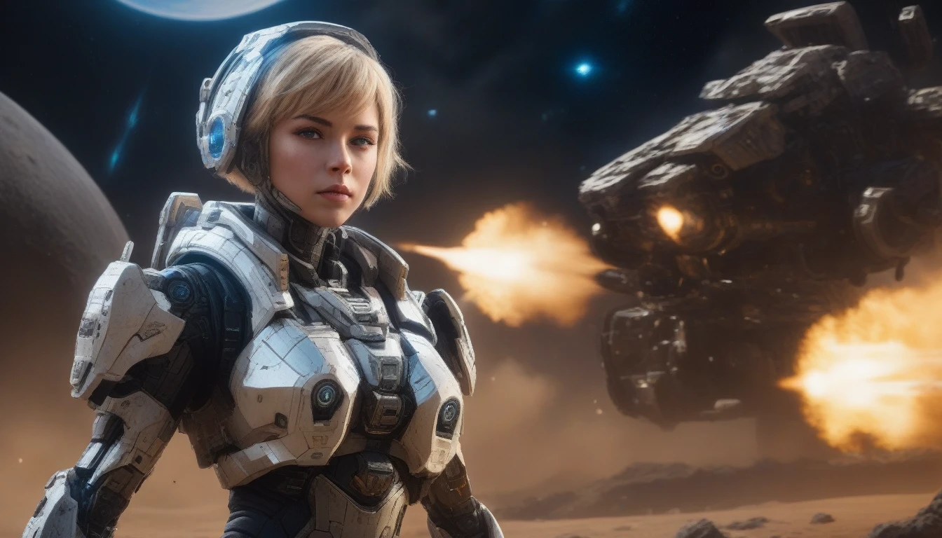 a female mech warrior in battle on a moon in space, full body shot, action shot, a tough and beautiful female mech warrior, short blond hair, dynamic eye color, intent gaze, ultra detailed face, best detailed face, she wears mech armor, and massive sci-fi gun, in battle, outer space background, stars, vibrant, Ultra-high resolution, High Contrast, (masterpiece:1.5), highest quality, Best aesthetics), best details, best quality, highres, (ultra wide angle: 1.2), 16k, ultra detailed, masterpiece, best quality, (extremely detailed), Mechanical Creatures, lasgun