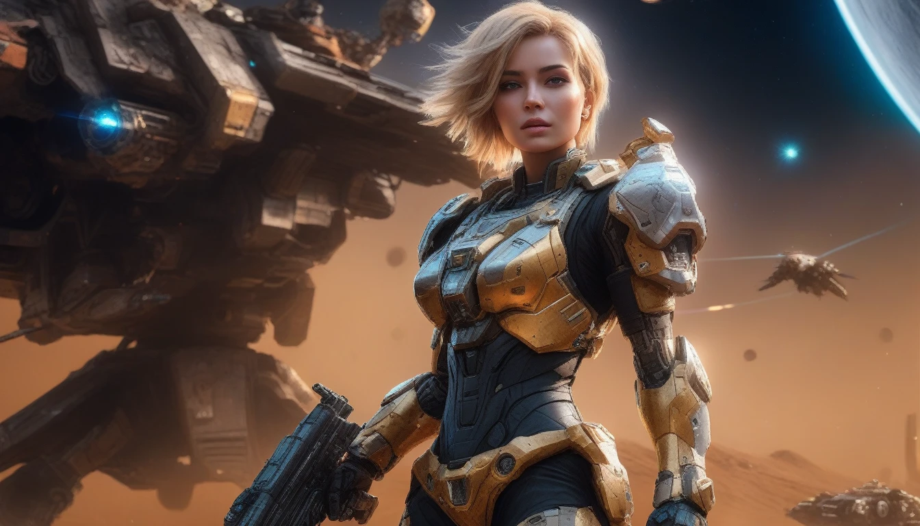 a female mech warrior in battle on a moon in space, full body shot, action shot, a tough and beautiful female mech warrior, short blond hair, dynamic eye color, intent gaze, ultra detailed face, best detailed face, she wears mech armor, and massive sci-fi gun, in battle, outer space background, stars, vibrant, Ultra-high resolution, High Contrast, (masterpiece:1.5), highest quality, Best aesthetics), best details, best quality, highres, (ultra wide angle: 1.2), 16k, ultra detailed, masterpiece, best quality, (extremely detailed), Mechanical Creatures, lasgun
