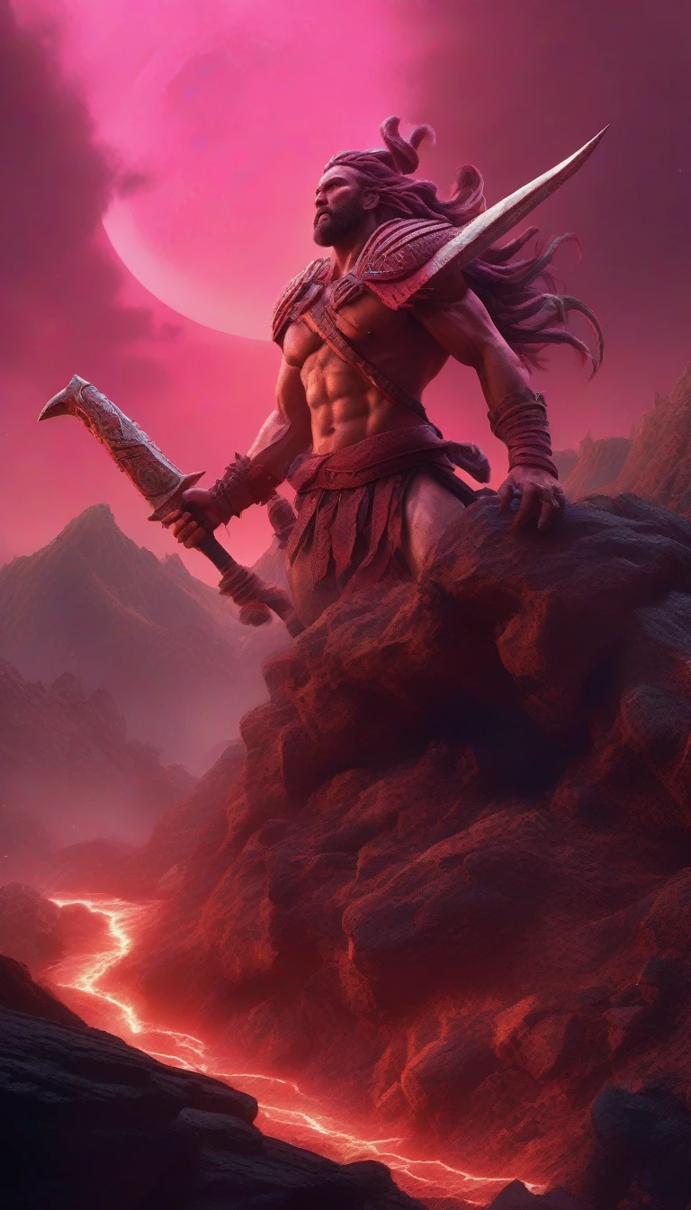 ((photorealism hyperrealism photorealism)) photorealistic and cinematic photorealistic image of a tiny barbarian the size of an ant, fighting with a mountain in the shape of a gigantic serpent. The barbarian is styled after Conan the Barbarian, but with long pink hair and beard, wielding a sword and the mountain in the shape of a colossal serpent, constructed from stones and rocks, with ten menacing arms and ten legs protruding. along her massive body, and terrifying witch-like face, is locked in a fierce battle with a barbarian. They are on top of a mountain with panoramic views of a forest canopy below and a distant beach near the horizon. The sky is bright pink, featuring a giant moon, highlighting the atmosphere of an alien planet. The scene must convey intense movement and dynamic action in the confrontation between the serpent and the barbarian in hyper-detailed, realistic-style renderings, 8k, epic, dramatic, fantastic, full body, intricate design and details, dramatic lighting, hyperrealism, photorealistic, cinematic, 8k, 12k, dramatic photo, epic photo, cinematic photo + photo taken by Canon + Incredibly detailed and sharp details from 8HQ, Neoprene, Behance contest winner, ultra sharp focus, masterpiece of complex art, sinister, epic, TanvirTamim, trending on Artstation by Artgerm, H. R. Giger and Beksinski, highly detailed design and details, vibrant and complex lighting, dramatic, hyperrealism, photorealistic, cinematic, 8k, 12k, detailed face, dramatic photo, epic photo, cinematic photo + photo taken by canon + incredibly detailed Detailed and Sharp in 8HQ, Neoprene, Competition Winner, Ultra Sharp Focus, Masterpiece of Complex, Sinister and Epic Art, TanvirTamim, Trending in Artstation, by Artgerm, H. Cinematic photo R, photo taken by Canon, incredible, sharp details HQ, 8k, vibrant, fashion, dark fantasy, photo, cinematic