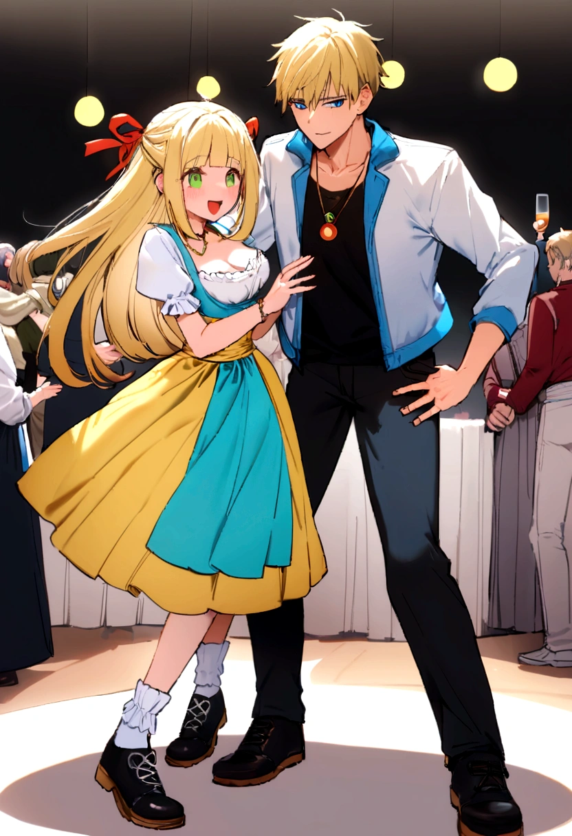 eastern woman, 20 year , blonde straight hair , detailed blue eyes, beautiful with a glass and face, giggling, usando colar com pigente em forma de coração de ouro com o nome H♡H, usando uma roupa Dirndl, with black shoes and thin white socks with yellow and red ribbons danced together admired,  with a German boy, 21 years, green eyes and short blonde, casual clothes with jacket and sneakers, sorgiggling dançado, with her at an oktumborfest party in Blumenau 