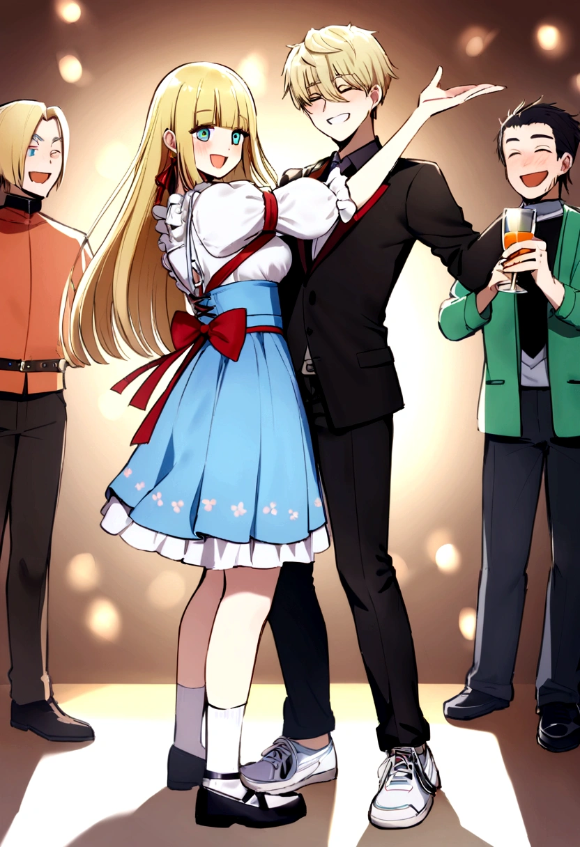 eastern woman, 20 year , blonde straight hair , detailed blue eyes, beautiful with a glass and face, giggling, usando colar com pigente em forma de coração de ouro com o nome H♡H, usando uma roupa Dirndl, with black shoes and thin white socks with yellow and red ribbons danced together admired, with a German boy, 21 years, green eyes and short blonde, casual clothes with jacket and sneakers, sorgiggling dançado, with her at an oktumborfest in Blumenau