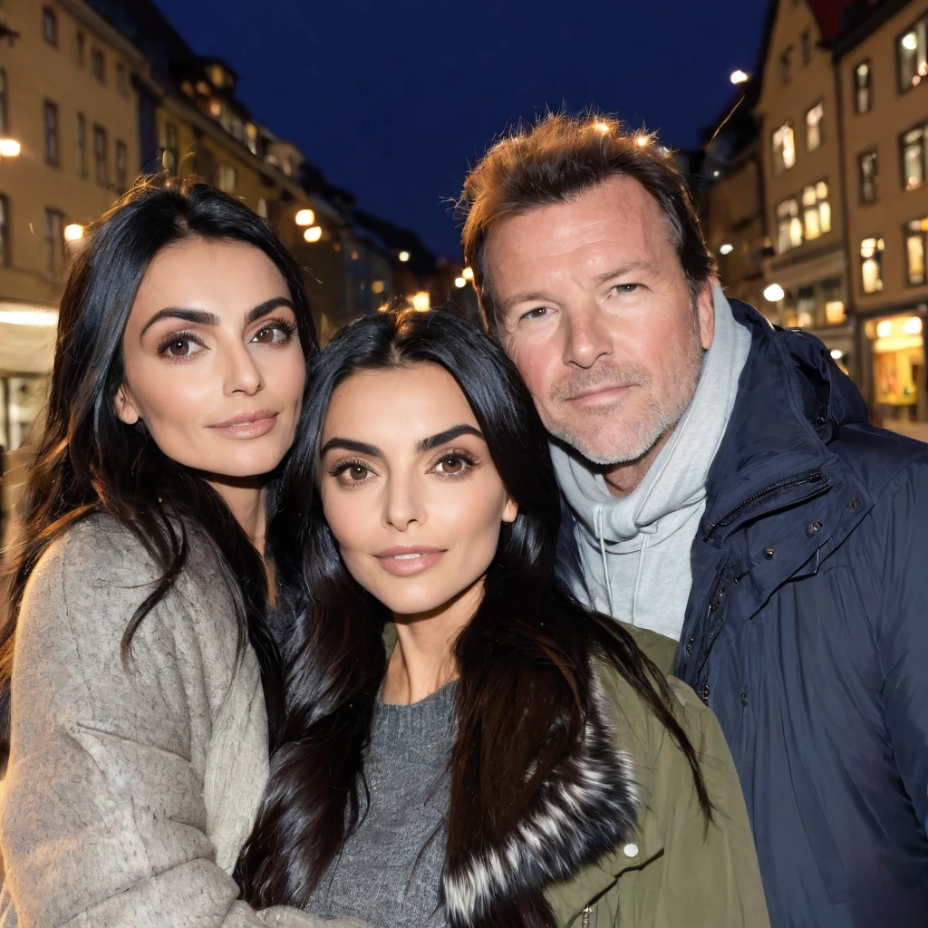 Ayslinn Derbez is 25 years old and Lothar matthäus is 35 years old, she have long hair, they are in Oslo, they are wearing winter clothes, romantic, they are posing romantic, nigh, they are woth their little daughter