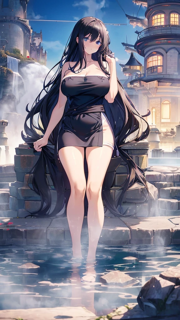 best quality, extremely detailed, anime style adult 1girl, long hair down to the waist, straight hair, ((dark black hair with bluish)), beautiful detailed eyes, pinched eyes, dark blue eyes, huge breasts,curvy,((((castle in hot spring)))),(((transparency bath towel))),relax