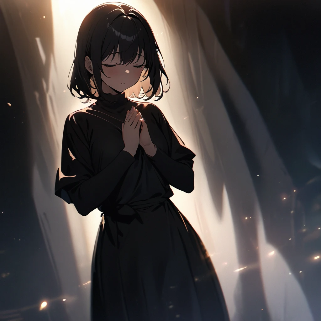 Top quality, masterpiece, girl wrapped in shadow, dazzling light effect from heaven, praying,The whole is enveloped in darkness,Shadow