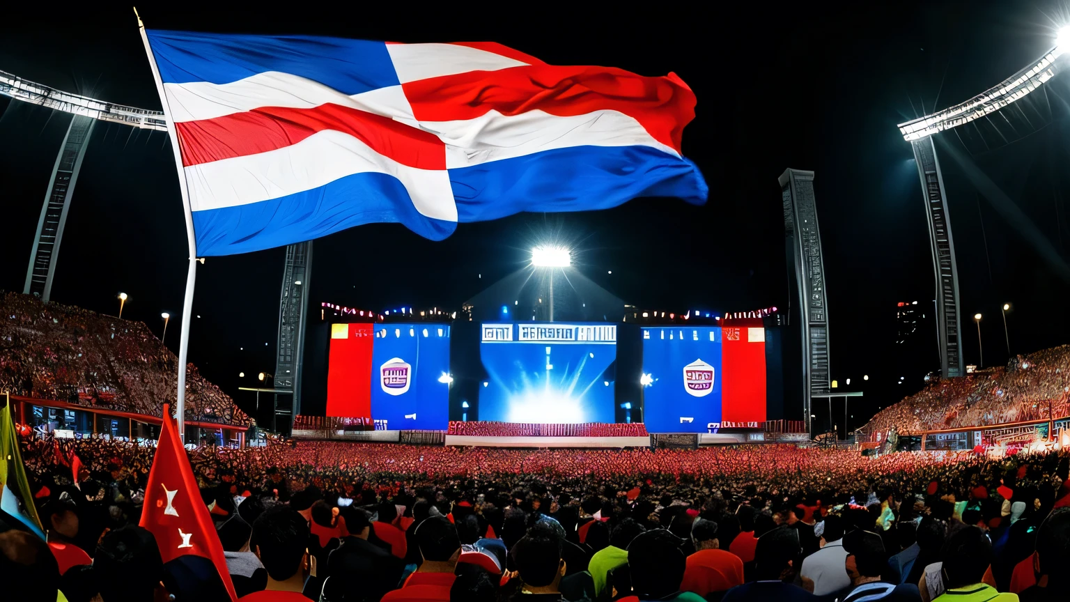 A photorealistic image of a large, diverse crowd of people standing in front of a large stage on a gray background. The people are all holding Panamanian flags and are cheering excitedly. The stage is lit with bright spotlights and there is a large banner that says "Panamá" in the background. The crowd is made up of people of all ages and races.