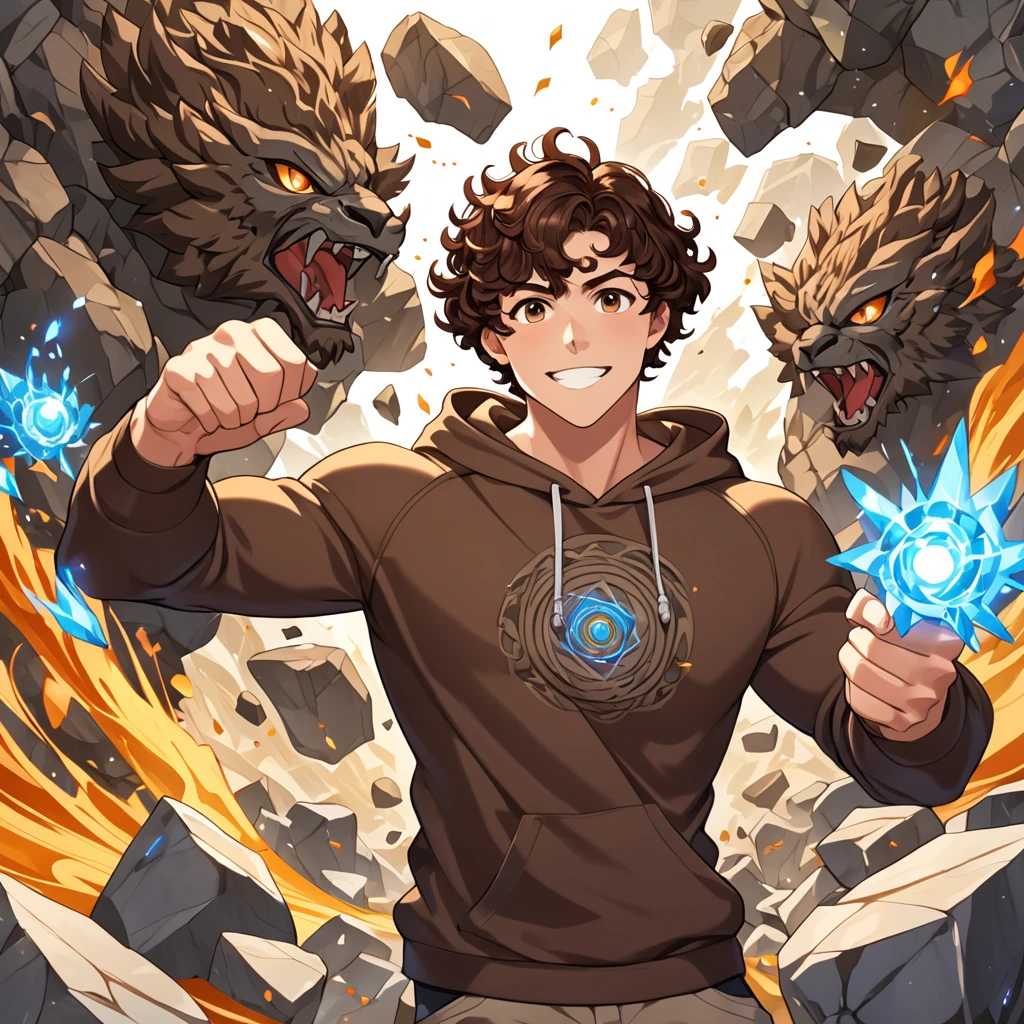 work of art, best qualityer, high resolution, Teenage muscular brunette man, short brown curly hair, eyes browns, stone elemental power, sweatshirt, happy