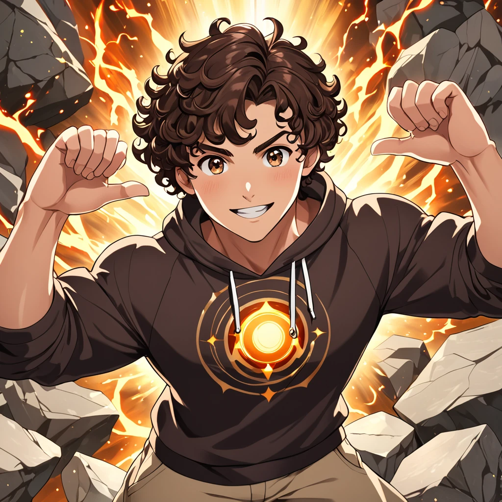 work of art, best qualityer, high resolution, Teenage muscular brunette man, short brown curly hair, eyes browns, stone elemental power, sweatshirt, happy