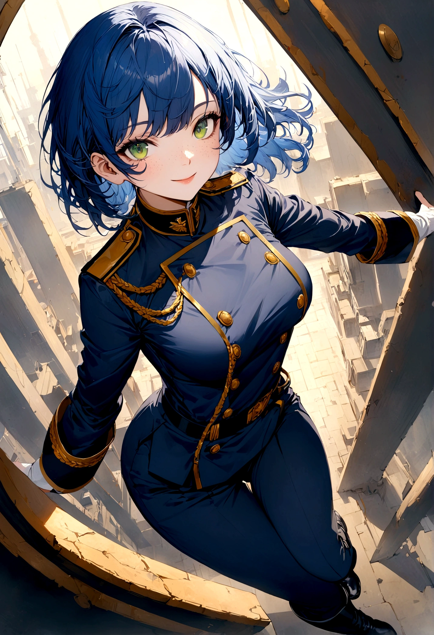 Young woman, short blue hair, bright green eyes, oval shpaed face, freckles, warm smile, military uniform, medium breast, white dhort sleeved shirt, dark blue trousers, navy uniform, black boots