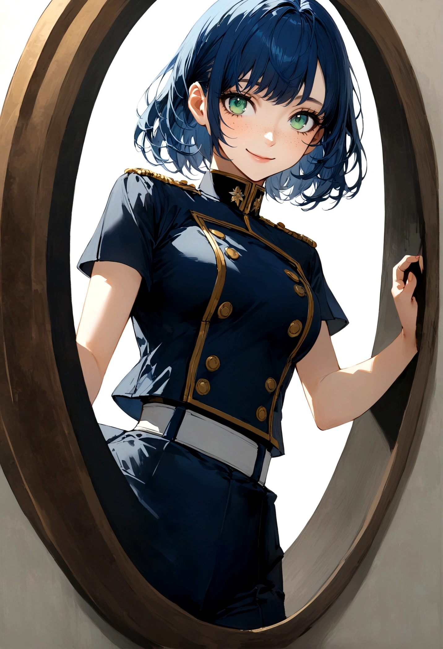 Young woman, short blue hair, bright green eyes, oval shpaed face, freckles, warm smile, military uniform, medium breast, white dhort sleeved shirt, dark blue trousers, navy uniform, black boots
