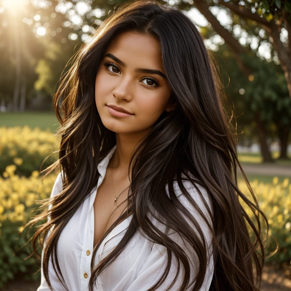 A photorealistic portrait of a 21-year-old colombian girl with long, flowing dark hair and striking dark eyes. She should have a natural, approachable expression and be illuminated by soft, golden-hour sunlight. The background should be a scenic outdoor setting, perhaps a sunlit park or beach. Capture this image with a high-resolution photograph using an 85mm lens for a flattering perspective.