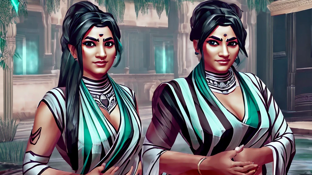 valorant, ((Sage)), game character, beautiful,  ((black and white outfit)), (((saree))), big size breasts, cleavage, black long hair, ponni style hair