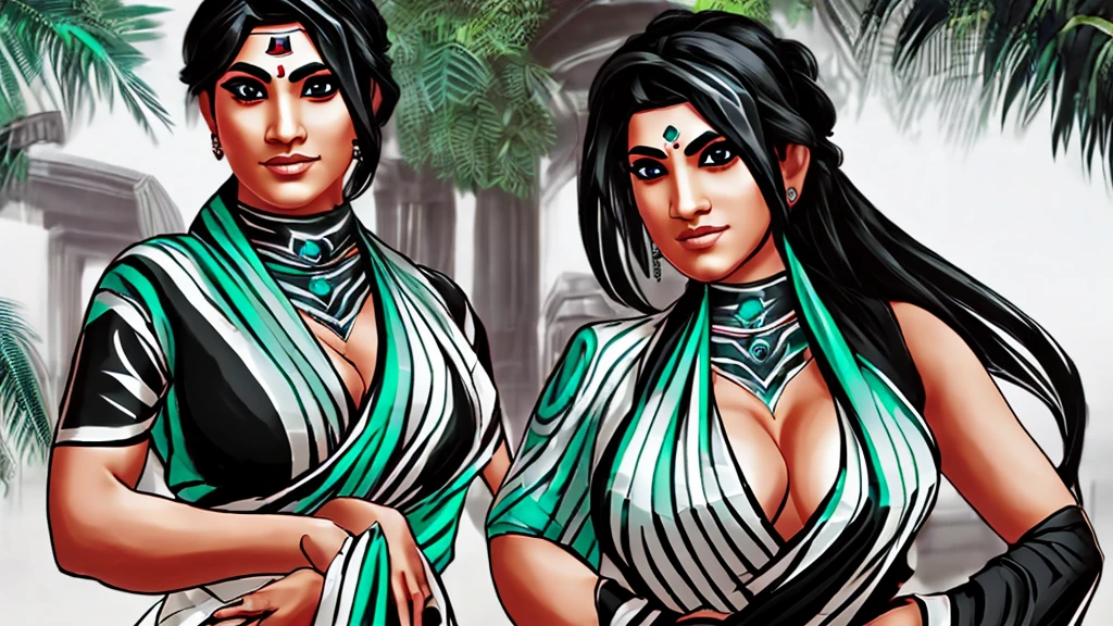 valorant, ((Sage)), game character, beautiful, ((black and white outfit)), (((saree))), big size breasts, cleavage, black long hair, ponni style hair