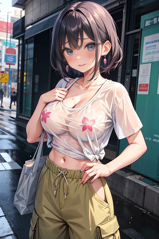 ピンクの髪、ショートヘアの女の子, stylish girl, fashion,
young face, Embarrassed face,
 earrings,
 baggy cargo pants,
gravure,
Rainy streets、See-through T-shirt、Big Breasts Emphasize cleavage、Trained abdominal muscles、Erect nipples