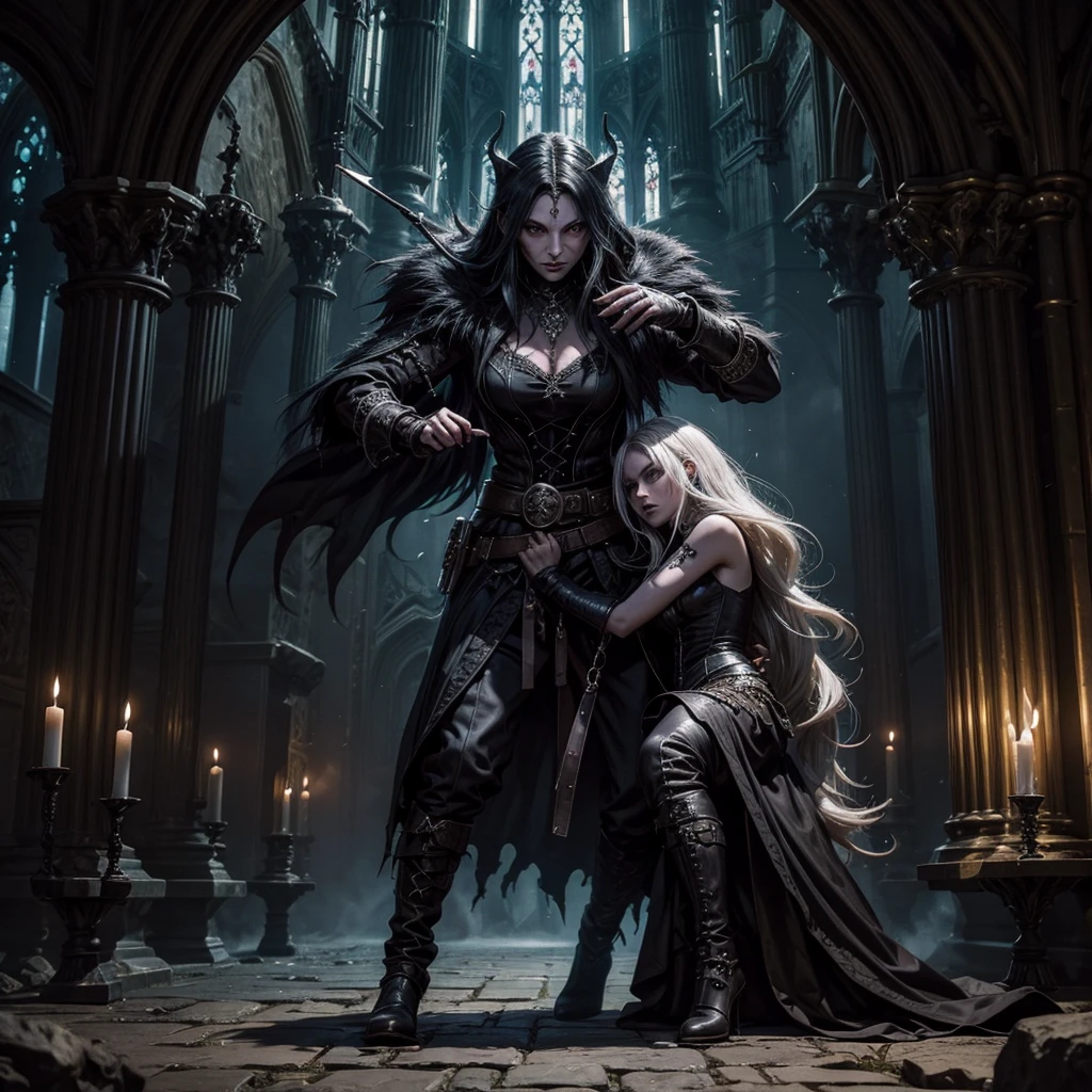 A dark witch who is fighting against a horrible troll with magic blows, the fight takes place inside a gothic room of a castle