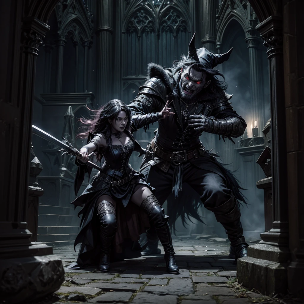 A dark witch who is fighting against a horrible troll with magic blows, the fight takes place inside a gothic room of a castle