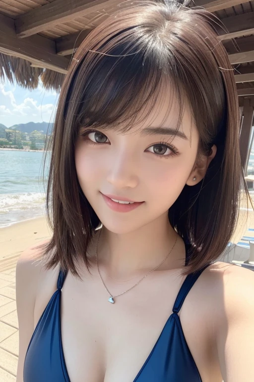 girl, White skin, Dark brown short tiered hair, V cut with layers and bangs, Brown eyes, Soft atmosphere characteristics (Highest quality, Ultra-high resolution, 8K, RAW Photos, Ultra-high resolution: 1.2, masterpiece: 1.3), (Realistic, Realistic: 1.37), Very detailed, Professional Lighting, Photon Mapping, Radio City, Physically Based Rendering, One Girl, high school girl, Sharp focus:1.2、Beautiful woman:1.4,cute, Nice, Adorable, smile, Normal chest, ((カラフルSwimsuit)),((Mr.々Swimsuit)),Beach House,Selfie,necklace,