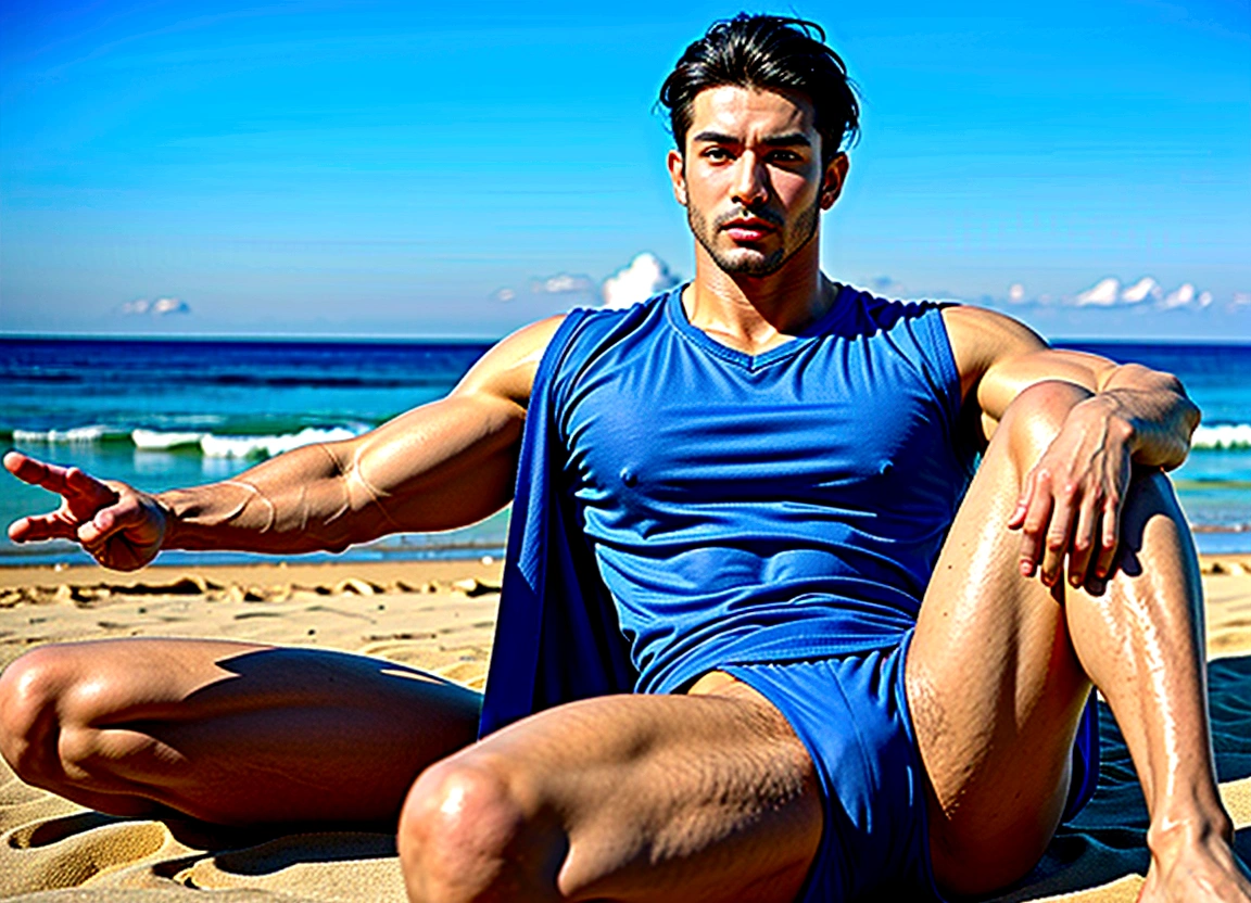 a muscular arab man sitting on a beach, glowing skin, wearing a blue shirt, gigachad muscles, NSFW version, muscular pose, muscular personality, cool anime-style pose, most powerful pose, extremely charismatic and cool, robust, thick, muscular male hero, pixiv 3dcg, muscular thighs, muscular personality, character from king of fighters