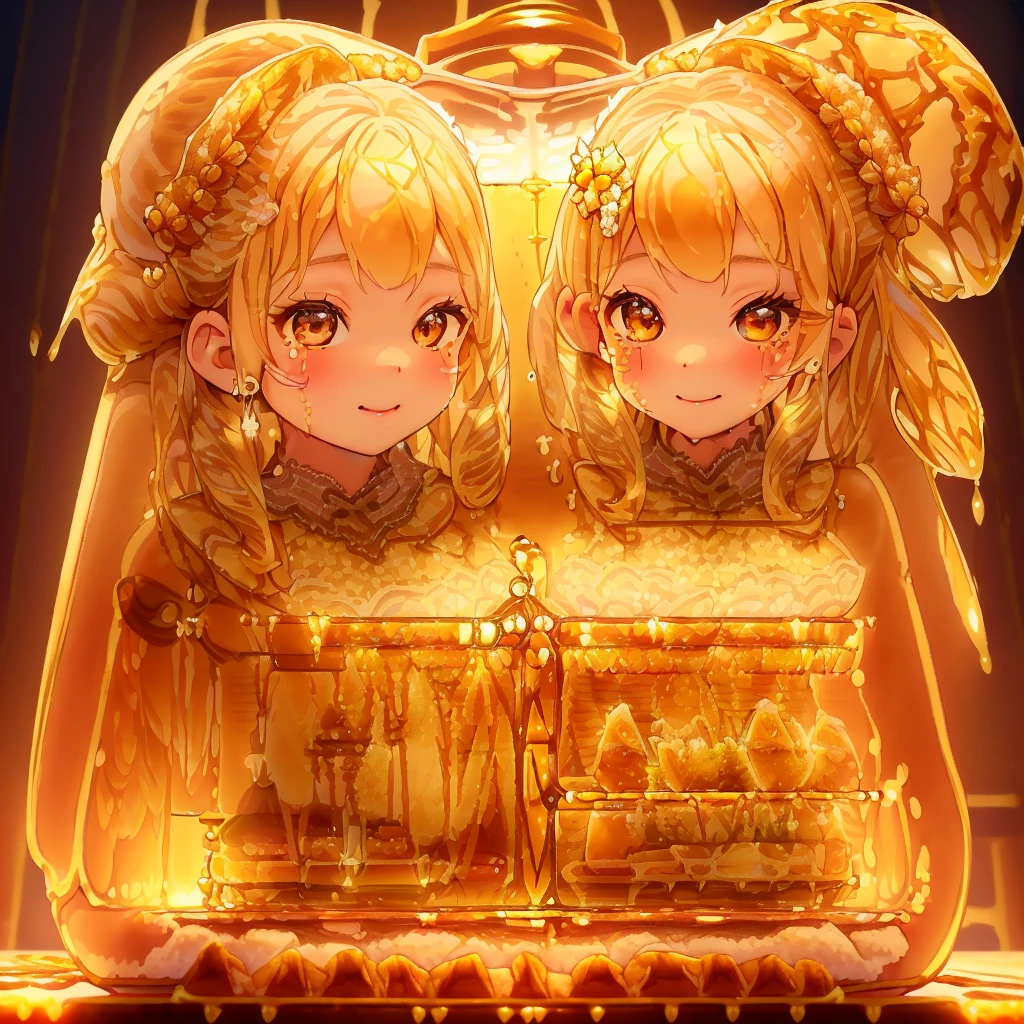 girl,cute,(blonde:1.2),(long hair with curls:1.2),(With bangs),(Eye size:1.5),(Plaid dress:1.3),(dress with lots of lace:1.35),(honey ornament:1.4),(🍯:1.5),(lots of honey dripping:1.4),(beehive-shaped hair ornament:1.3),(smile:1.15),(close up of face:1.2),(blush:1.2),(girl in glass bottle:1.4),(NSFW),(honey toast:1.3),(lots of bread lined up:1.5)