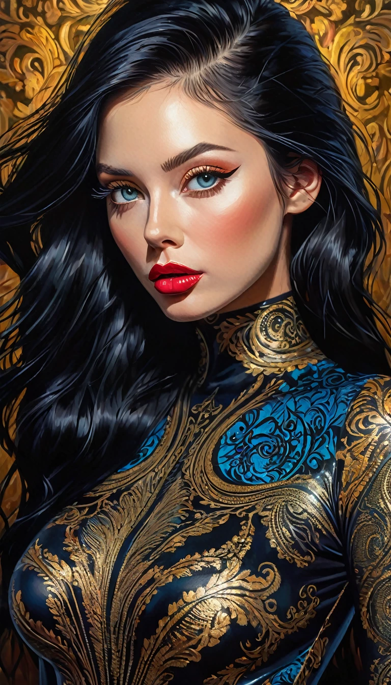 a woman with long black hair,beautiful detailed eyes,beautiful detailed lips,extremely detailed face,longeyelashes,wearing a tight bodysuit,seductive pose,dramatic lighting,chiaroscuro,cinematic composition,vibrant colors,masterpiece,painterly,oil painting,photorealistic,ultra-detailed,8k,best quality (best quality,4k,8k,highres,masterpiece:1.2),ultra-detailed,(realistic,photorealistic,photo-realistic:1.37),intricate details,vivid colors,sharp focus,professional,Dave McKean artwork, oil touch of surrealism,oil painting style