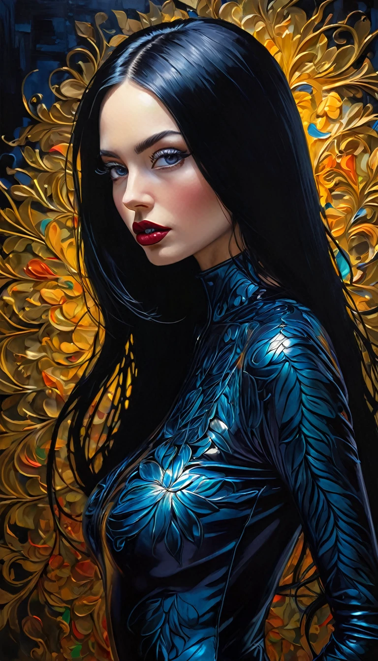 a woman with long black hair,beautiful detailed eyes,beautiful detailed lips,extremely detailed face,longeyelashes,wearing a tight bodysuit,seductive pose,dramatic lighting,chiaroscuro,cinematic composition,vibrant colors,masterpiece,painterly,oil painting,photorealistic,ultra-detailed,8k,best quality (best quality,4k,8k,highres,masterpiece:1.2),ultra-detailed,(realistic,photorealistic,photo-realistic:1.37),intricate details,vivid colors,sharp focus,professional,Dave McKean artwork, oil touch of surrealism,oil painting style