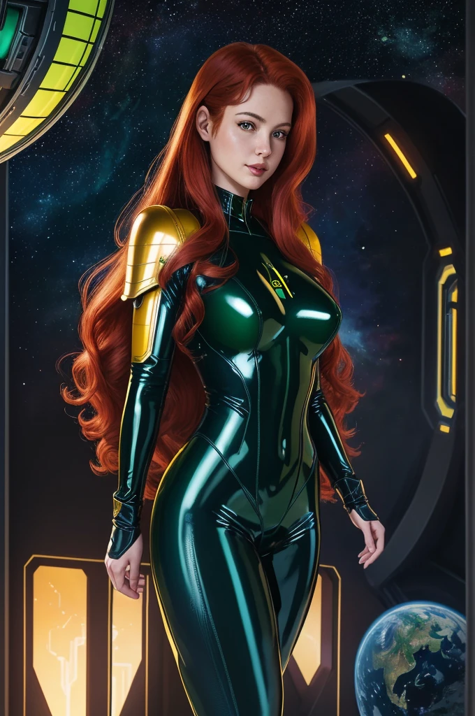 Best quality, 4K, american comics art style, vintage space beautiful woman,long curly red hair,looking to observer,shy smile,(((detailed sci-fi armor over dark blue and yellow and dark green sheer tight latex suit))),large armlets,high tech military tactical belt,in the hallway of a spaceship scenario, ponto de vista de baixo para cima, dramatic lights
