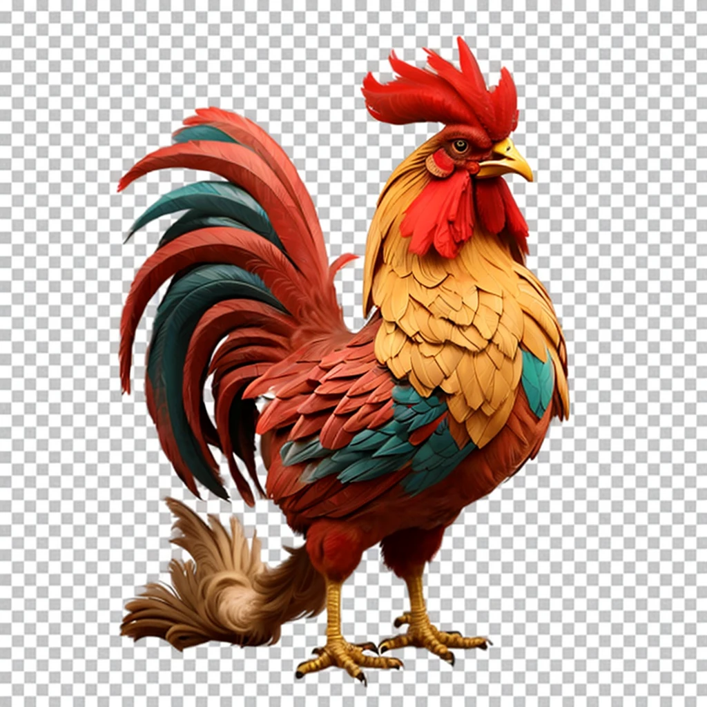 ((masterpiece,best quality)),best res, full body-shot, ((background))transparent, A rooster named El Gallo who is the leader of a Mexican gang of banditos in the early 1900s, he is well groomed but dusty and is brownish-red feathered with a over-stylized large plume of tail feathers and a big, admirable, manly, Mexican mustache, dressed only in old-timey, Mexican bandito gear ((clothing))thick, worn, brown leather bullet straps crossed over his chest and traditional pistola belt around his wAIST of the same style, and spurs, and stands intimidatingly at an angle with one foot forward with a mildly angry, cocky expression, chin up, looking down from the slightly upward point of view of the viewer 