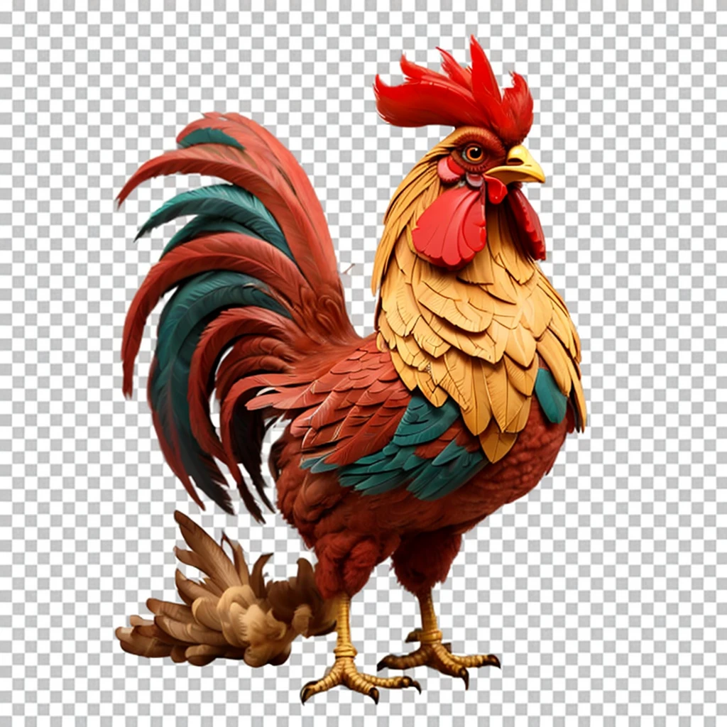 ((masterpiece,best quality)),best res, full body-shot, ((background))transparent, A rooster named El Gallo who is the leader of a Mexican gang of banditos in the early 1900s, he is well groomed but dusty and is brownish-red feathered with a over-stylized large plume of tail feathers and a big, admirable, manly, Mexican mustache, dressed only in old-timey, Mexican bandito gear ((clothing))thick, worn, brown leather bullet straps crossed over his chest and traditional pistola belt around his wAIST of the same style, and spurs, and stands intimidatingly at an angle with one foot forward with a mildly angry, cocky expression, chin up, looking down from the slightly upward point of view of the viewer