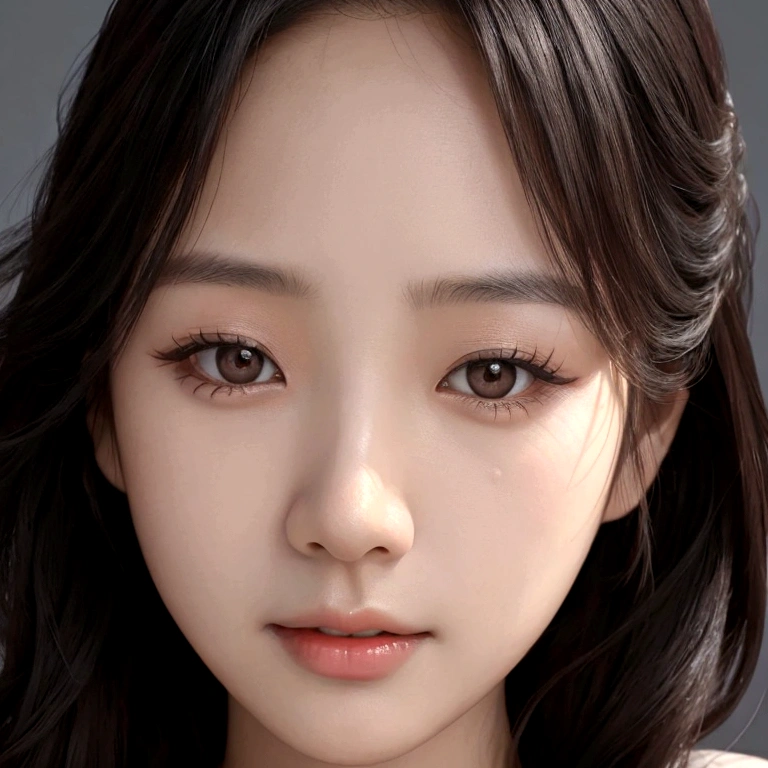 a beautiful face of an Asian woman, front image of the face, close-up of the face, photo realistic