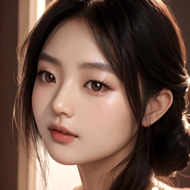 a beautiful face of an Asian woman, front image of the face, close-up of the face, photo realistic