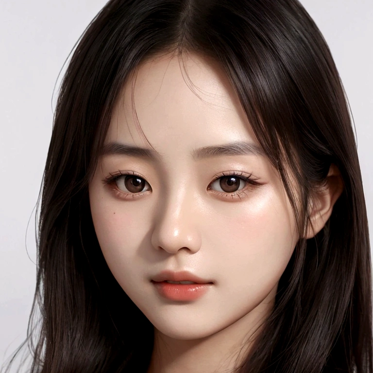 a beautiful face of an Asian woman, front image of the face, close-up of the face, photo realistic
