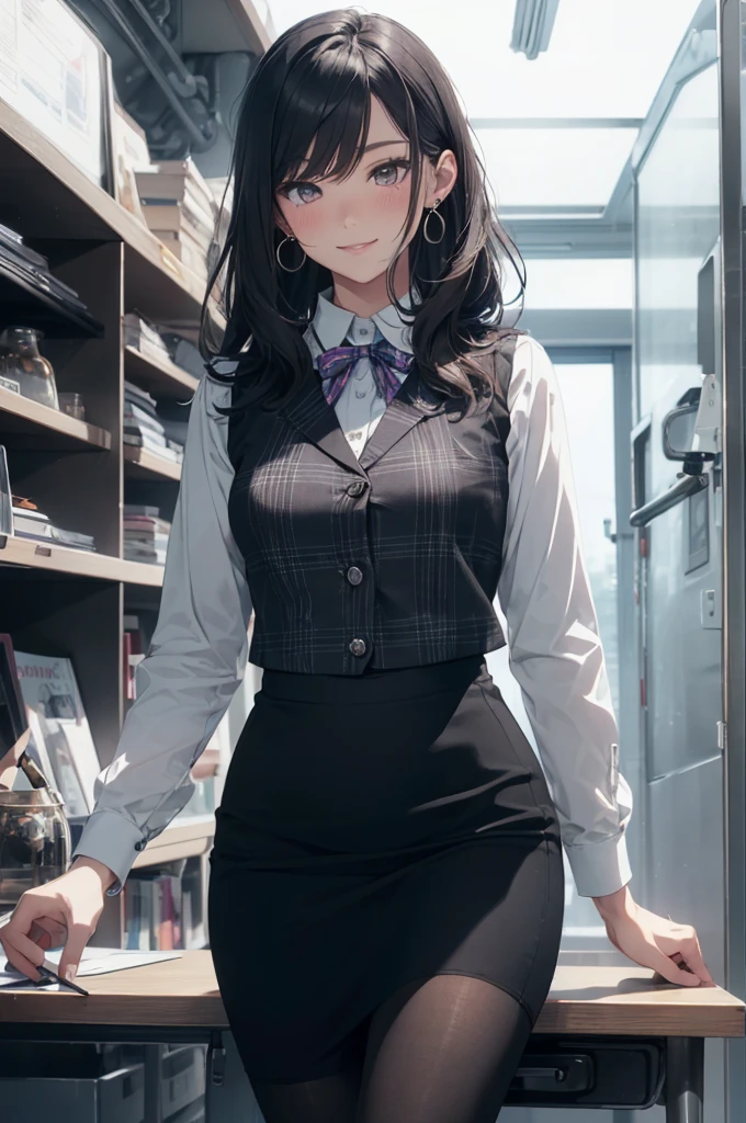 ((((1ladyl,))))  (masterpiece), (realistic), (best quality), (ultra-detailed),  amazing 30 years old wife,  pantyshot, long brown hair, office lady, Wearing a pink plaid vest, White short sleeved shirt, Gray pencil skirt, Wear stiletto heels, Necklace, earrings,  Cute face, Smile, Blushing, Shyness, Glass wall, Ultra Detail, Realistic, Front view, Whole body, (wearing in [[white and gray check pattern]] Vest worn over white collared long-sleeved shirt:1.4), (gray vest with buttons:1.2), (Pink Theme:1.2), (blue ribbon ribbon:1.3), (Black theme:1.4), (Tight black pencil skirt:1.5), ((Brown pantyhose)), (high-heels:1.1),longskirt,office desk, office chair,Lulubre Unity 8K Wallpaper, Beautiful background, clearly, Best Quality, The highest resolution, Best aesthetic,extremely detailed CG unity 8k,