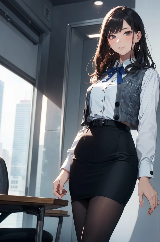 ((((1ladyl,))))  (masterpiece), (realistic), (best quality), (ultra-detailed),  amazing 30 years old wife,  pantyshot, long brown hair, office lady, Wearing a pink plaid vest, White short sleeved shirt, Gray pencil skirt, Wear stiletto heels, Necklace, earrings,  Cute face, Smile, Blushing, Shyness, Glass wall, Ultra Detail, Realistic, Front view, Whole body, (wearing in [[white and gray check pattern]] Vest worn over white collared long-sleeved shirt:1.4), (gray vest with buttons:1.2), (Pink Theme:1.2), (blue ribbon ribbon:1.3), (Black theme:1.4), (Tight black pencil skirt:1.5), ((Brown pantyhose)), (high-heels:1.1),longskirt,office desk, office chair,Lulubre Unity 8K Wallpaper, Beautiful background, clearly, Best Quality, The highest resolution, Best aesthetic,extremely detailed CG unity 8k,
