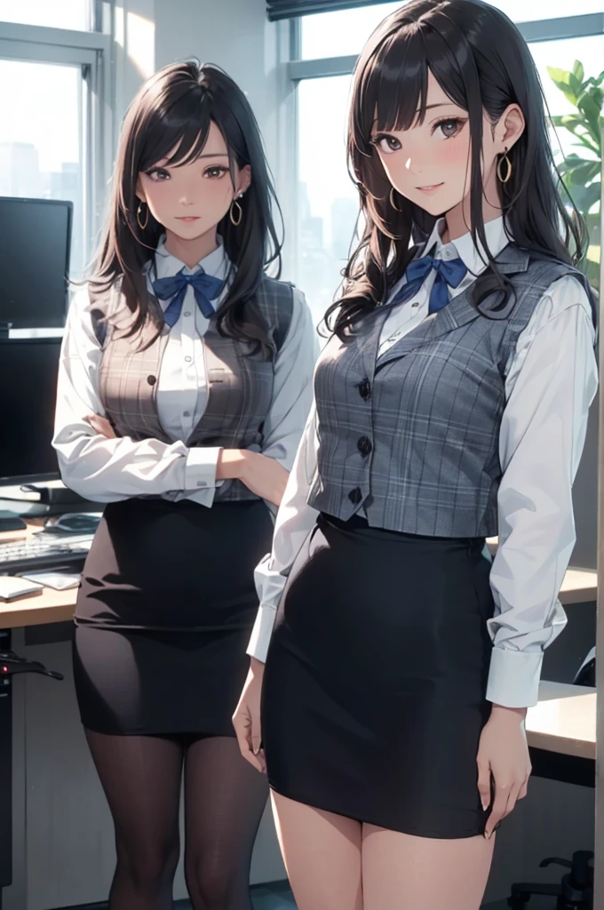 ((((1ladyl,))))  (masterpiece), (realistic), (best quality), (ultra-detailed),  amazing 30 years old wife,  pantyshot, long brown hair, office lady, Wearing a pink plaid vest, White short sleeved shirt, Gray pencil skirt, Wear stiletto heels, Necklace, earrings,  Cute face, Smile, Blushing, Shyness, Glass wall, Ultra Detail, Realistic, Front view, Whole body, (wearing in [[white and gray check pattern]] Vest worn over white collared long-sleeved shirt:1.4), (gray vest with buttons:1.2), (Pink Theme:1.2), (blue ribbon ribbon:1.3), (Black theme:1.4), (Tight black pencil skirt:1.5), ((Brown pantyhose)), (high-heels:1.1),longskirt,office desk, office chair,Lulubre Unity 8K Wallpaper, Beautiful background, clearly, Best Quality, The highest resolution, Best aesthetic,extremely detailed CG unity 8k,