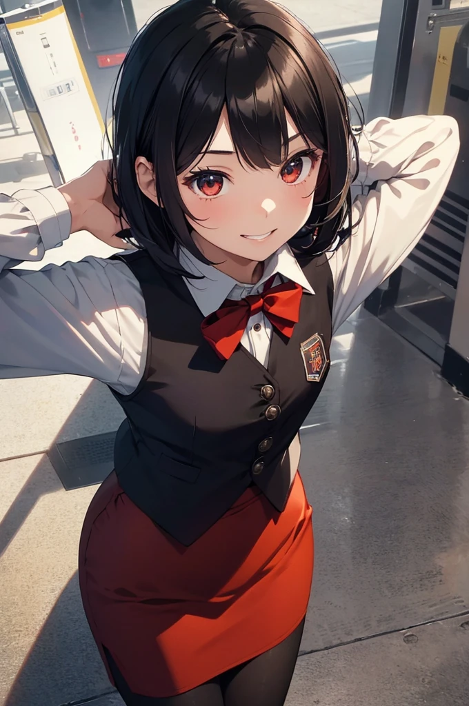 1 girl, Solo, Japanese girl, 22 years old, Best Quality, masutepiece, 8K, High resolution, Ultra-detailed, black hair, smile, (train crew:1.5, uniform, dark red vest, white collared shirt, longsleeves, pencil skirt, long skirt:1.2, black skirt, pumps),