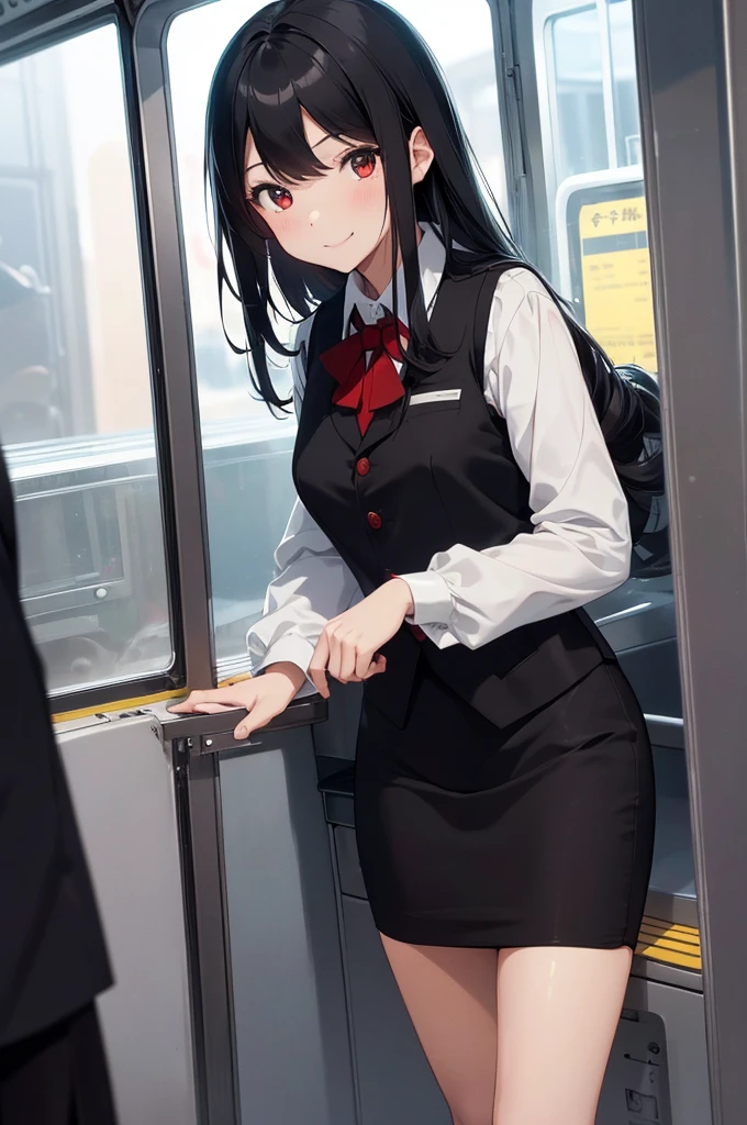 1 girl, Solo, Japanese girl, 22 years old, Best Quality, masutepiece, 8K, High resolution, Ultra-detailed, black hair, smile, (train crew:1.5, uniform, dark red vest, white collared shirt, longsleeves, pencil skirt, long skirt:1.2, black skirt, pumps),