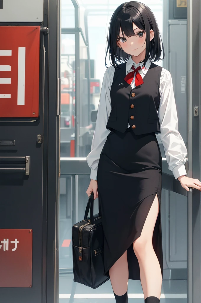 1 girl, Solo, Japanese girl, 22 years old, Best Quality, masutepiece, 8K, High resolution, Ultra-detailed, black hair, smile, (train crew:1.5, uniform, dark red vest, white collared shirt, longsleeves, pencil skirt, long skirt:1.2, black skirt, pumps),