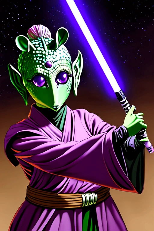 Female, Rodian, Jedi Padawan, purple lightsaber, Jedi robes.