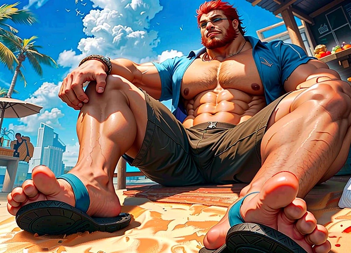 a muscular arab man sitting on a beach, glowing skin, wearing a blue shirt, gigachad muscles, NSFW version, muscular pose, muscular personality, cool anime-style pose, most powerful pose, extremely charismatic and cool, robust, thick, muscular male hero, pixiv 3dcg, muscular thighs, muscular personality, character from king of fighters