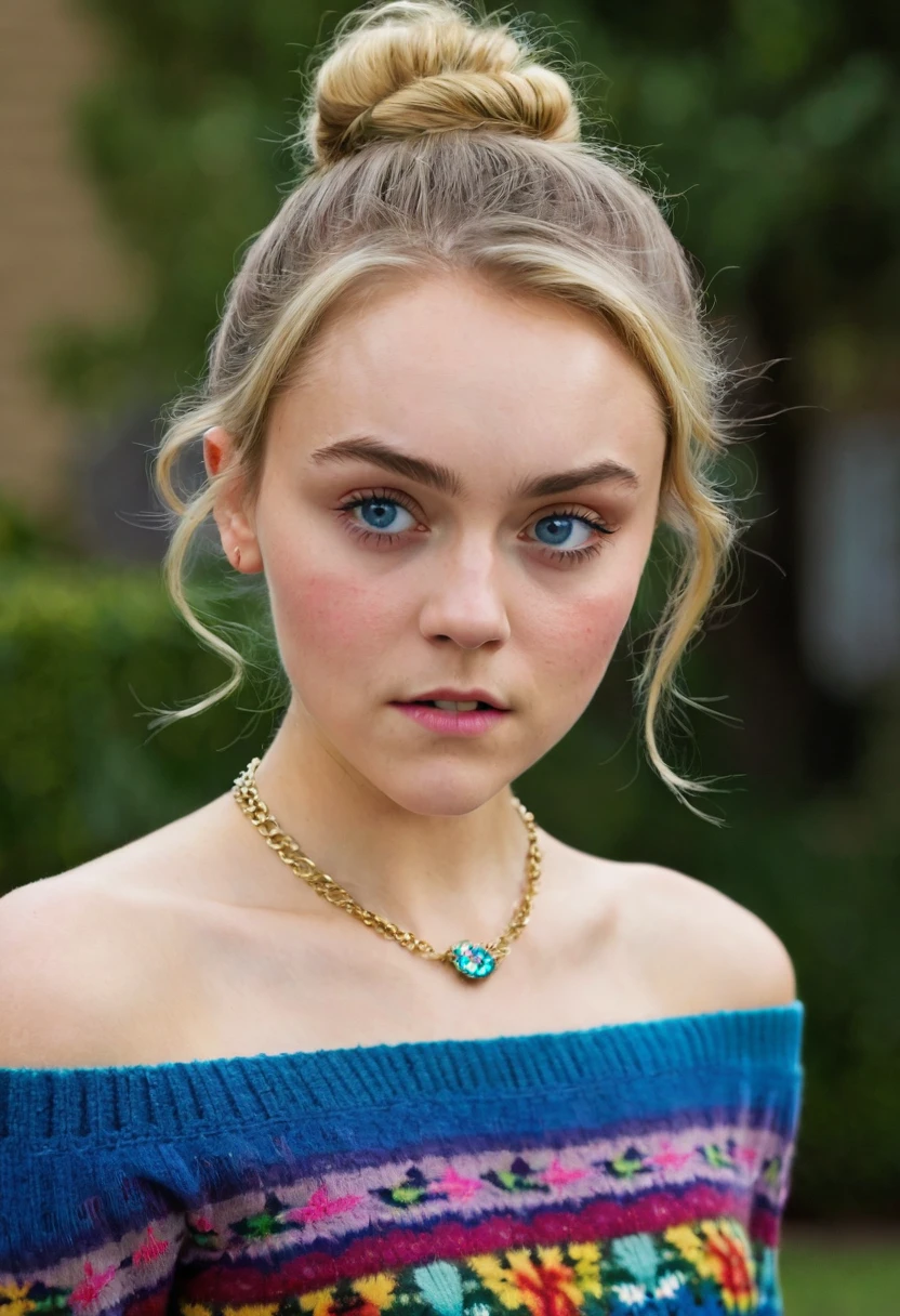 an eye contact of a brunette with hair in a bun, blue colored eyes, ((annasophia robb)) 18 years old, sneezing, necklace, Off The Shoulder, colorful sweater, topless