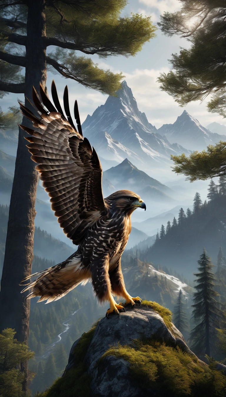 Mountains and forests，There is a kind of beast，It looks like a hawk but has human hands.(best quality，4K，8K，masterpiece：1.2），Ultra Detailed，（lifelike，Photo real，Photo real：1.37），Highly detailed animals，Realistic lighting，Fantasy Creatures