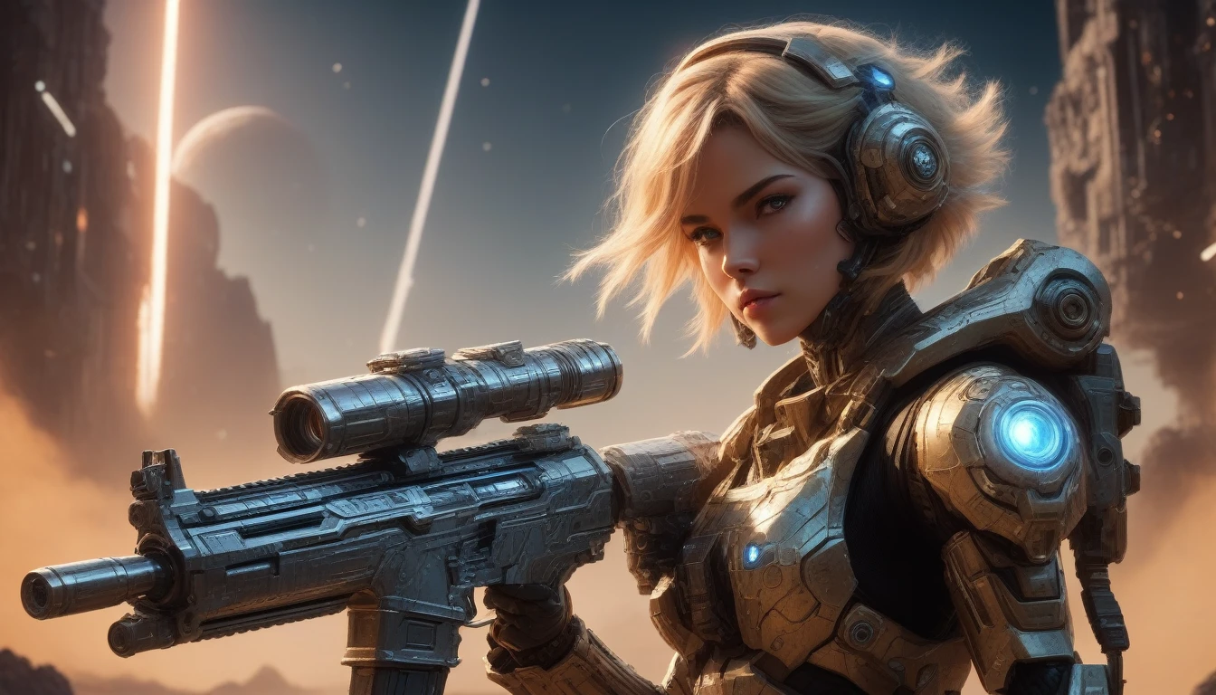 a female mech warrior in battle on a moon in space, full body shot, action shot, a tough and beautiful female mech warrior, short blond hair, dynamic eye color, intent gaze, ultra detailed face, best detailed face, she wears mech armor, and massive sci-fi gun, in battle, outer space background, stars, vibrant, Ultra-high resolution, High Contrast, (masterpiece:1.5), highest quality, Best aesthetics), best details, best quality, highres, (ultra wide angle: 1.2), 16k, ultra detailed, masterpiece, best quality, (extremely detailed), Mechanical Creatures, assault rifle